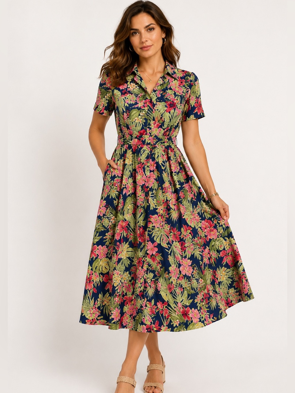 Vintage Tropical Floral Midi Dress | 80s 90s Resortcore Hawaiian Fit & Flare